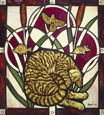 Bruce Hippel, "Garden of Delights" Dreaming Cat Series Stained Glass Panels 18" x 20"